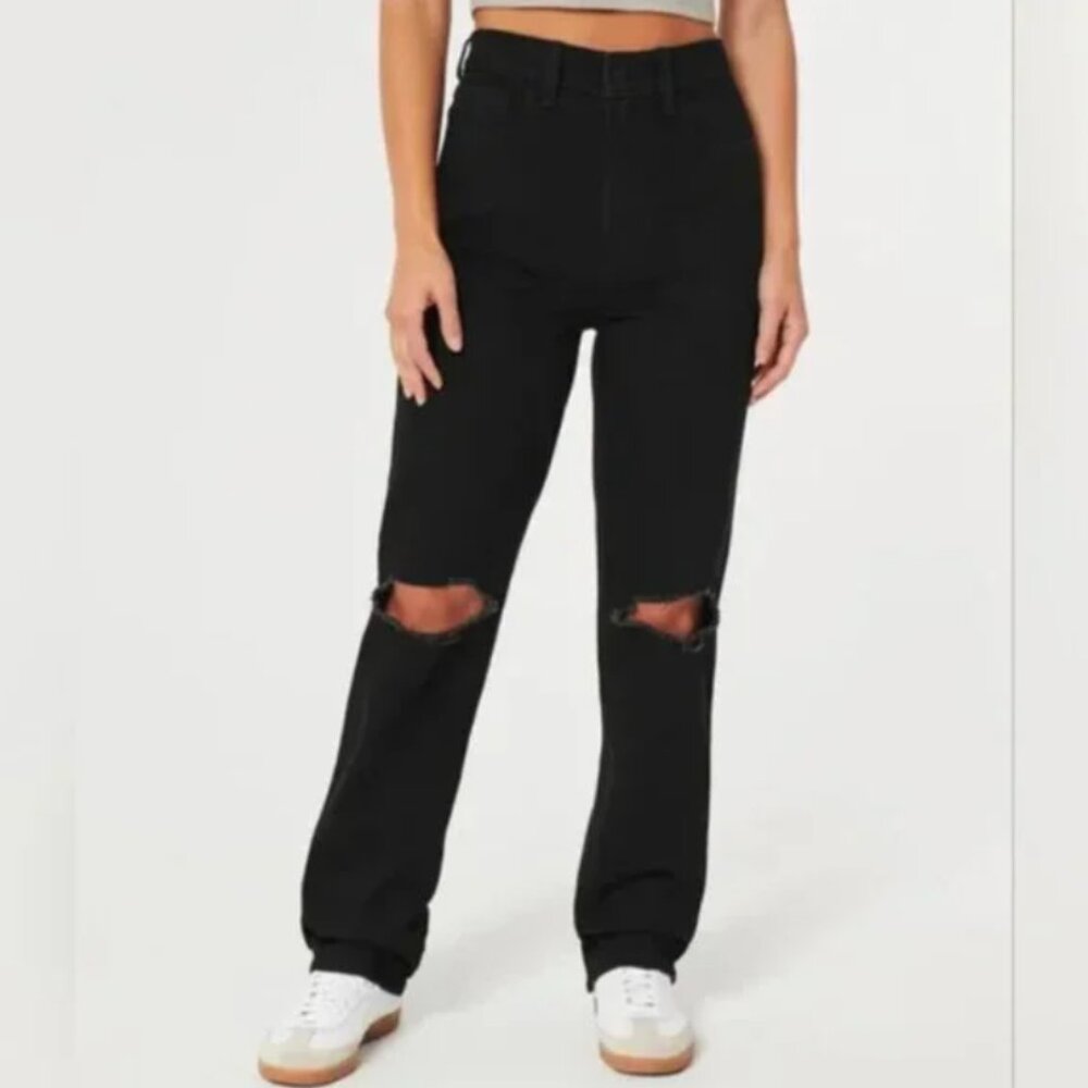 Hollister women's 7L 28 ultra high rise '90s vintage straight‎ distressed black